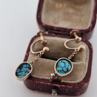 Edwardian 9ct Rose Gold Turquoise Dangle Dropper Earrings