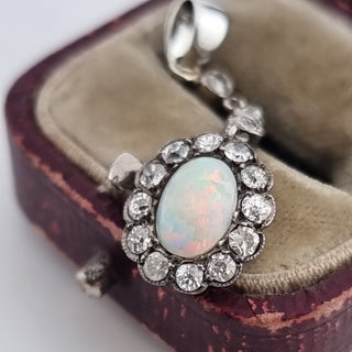 Antique 18ct White Gold Old Cut Diamond White Fiery Opal Lavalliere Pendant