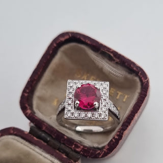 Art Deco Style 950 Platinum Diamond And Ruby Cluster Square Halo Ring