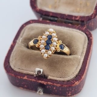 Antique 18ct Yellow Gold Sapphire Seed Pearl Marquise Navette Cluster Ring