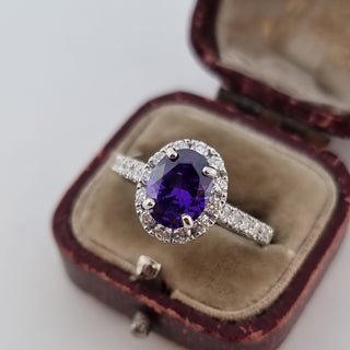 950 Platinum 1.75ct Oval Cut Amethyst 0.5ct Diamond Halo Solitaire Ring