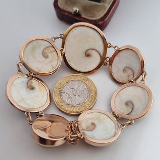 Antique Chunky 9ct Rose Gold Graduated Operculum Shell Pannel Fancy Link Bracelet