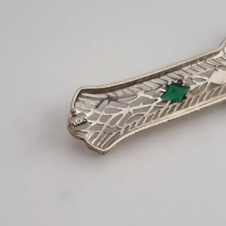 Art Deco 14ct White Gold Filigree Diamond Emerald Bar Brooch American 14k 585