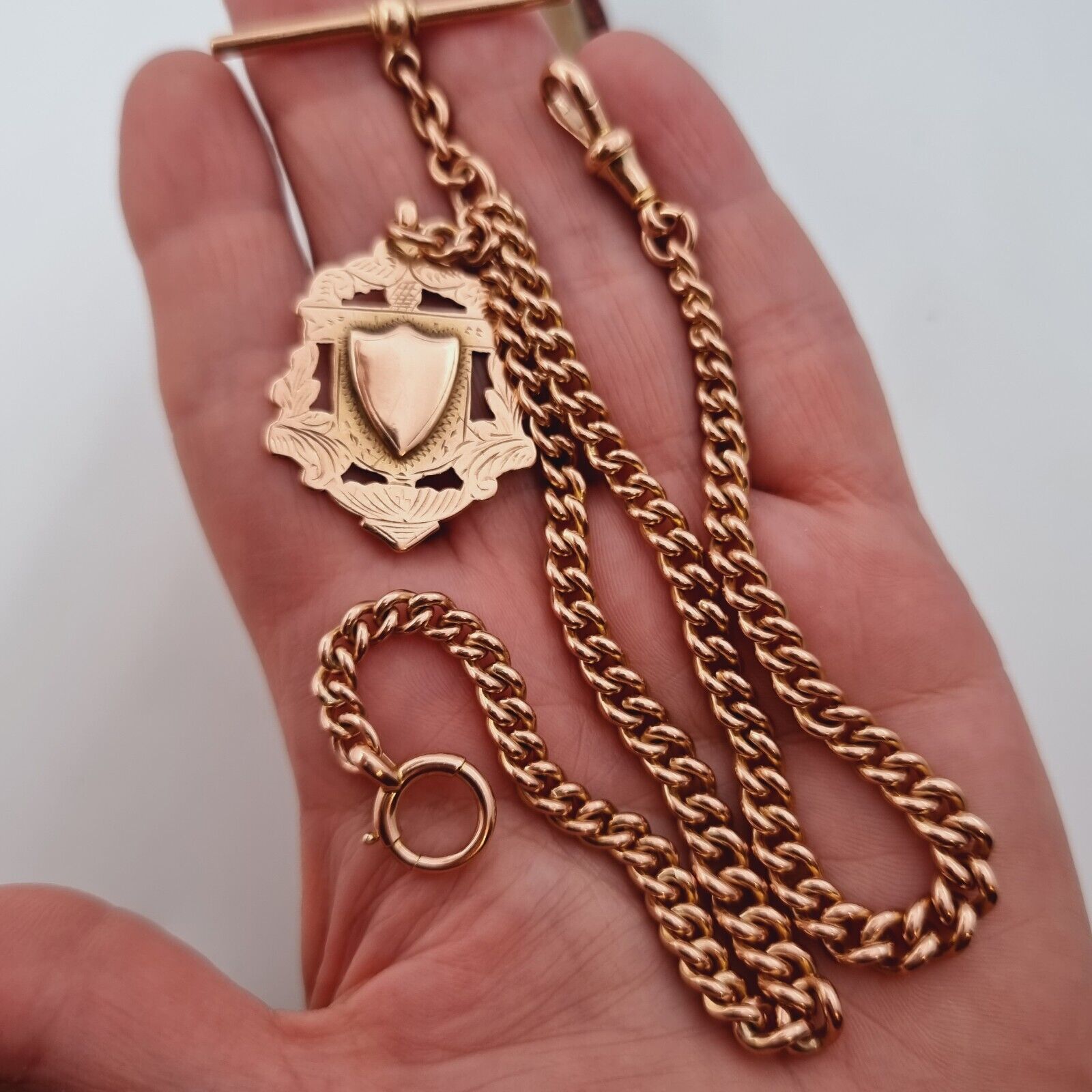 Antique 9ct 375 Rose Gold Double Albert Pocket Watch T-Bar Chain
