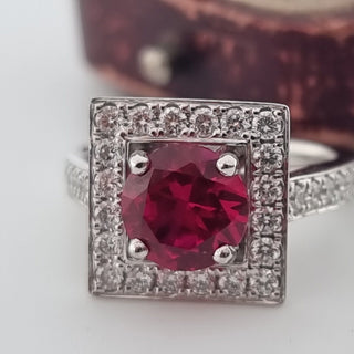 Art Deco Style 950 Platinum Diamond And Ruby Cluster Square Halo Ring