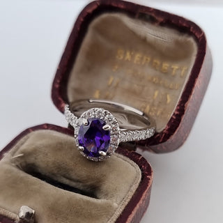 950 Platinum 1.75ct Oval Cut Amethyst 0.5ct Diamond Halo Solitaire Ring