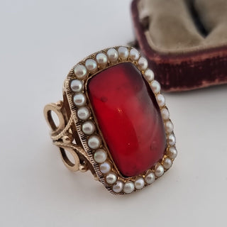 Georgian 9ct Yellow Gold Cherry Amber And Seed Pearl Cluster Ring c1830