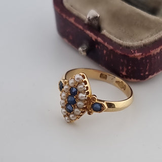 Antique 18ct Yellow Gold Sapphire Seed Pearl Marquise Navette Cluster Ring