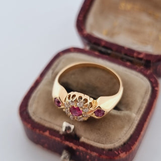 Edwardian 18ct Yellow Gold Diamond & Ruby Three Stone Cluster Halo Ring