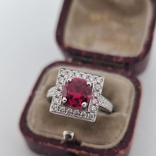 Art Deco Style 950 Platinum Diamond And Ruby Cluster Square Halo Ring