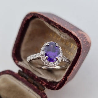 950 Platinum 1.75ct Oval Cut Amethyst 0.5ct Diamond Halo Solitaire Ring