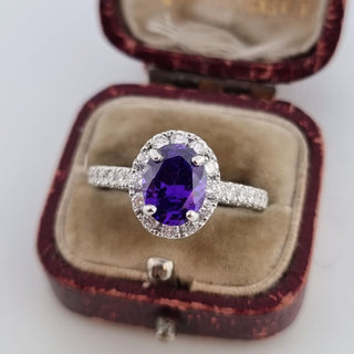 950 Platinum 1.75ct Oval Cut Amethyst 0.5ct Diamond Halo Solitaire Ring