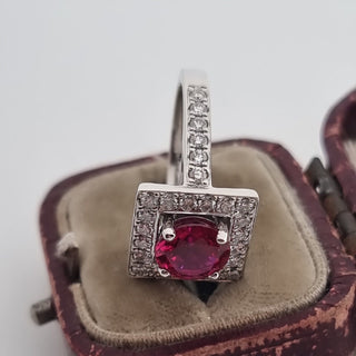 Art Deco Style 950 Platinum Diamond And Ruby Cluster Square Halo Ring