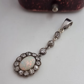 Antique 18ct White Gold Old Cut Diamond White Fiery Opal Lavalliere Pendant