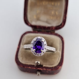 950 Platinum 1.75ct Oval Cut Amethyst 0.5ct Diamond Halo Solitaire Ring