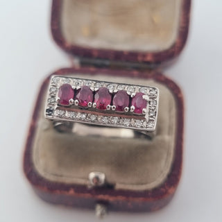 Vintage 18ct White Gold Diamond And Ruby Five Stone Art Deco Ring