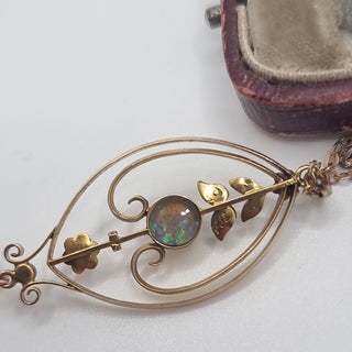 Art Nouveau 9ct Gold Black Opal & Seed Pearl Lavaliere Dropper Pendant Necklace