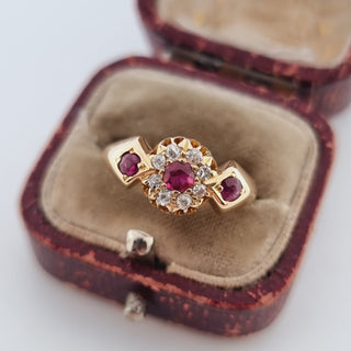 Edwardian 18ct Yellow Gold Diamond & Ruby Three Stone Cluster Halo Ring