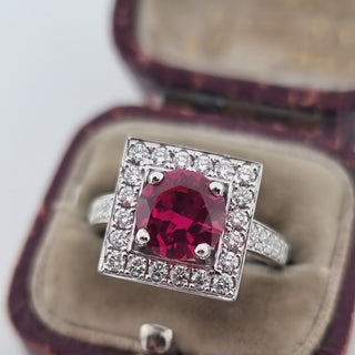 Art Deco Style 950 Platinum Diamond And Ruby Cluster Square Halo Ring