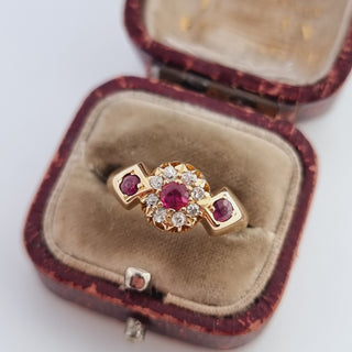 Edwardian 18ct Yellow Gold Diamond & Ruby Three Stone Cluster Halo Ring