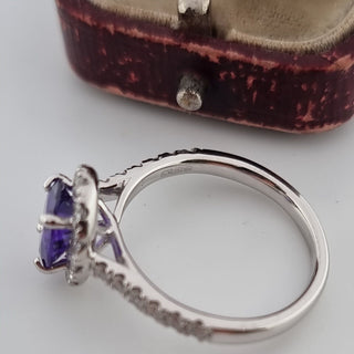 950 Platinum 1.75ct Oval Cut Amethyst 0.5ct Diamond Halo Solitaire Ring