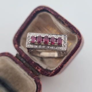 Vintage 18ct White Gold Diamond And Ruby Five Stone Art Deco Ring