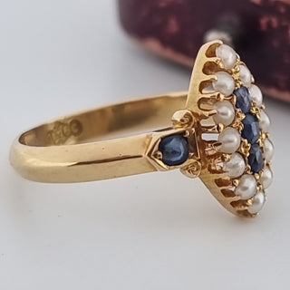 Antique 18ct Yellow Gold Sapphire Seed Pearl Marquise Navette Cluster Ring