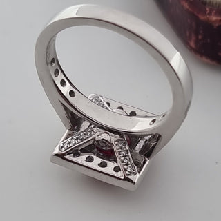 Art Deco Style 950 Platinum Diamond And Ruby Cluster Square Halo Ring