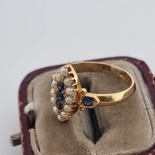 Antique 18ct Yellow Gold Sapphire Seed Pearl Marquise Navette Cluster Ring