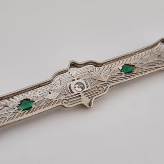 Art Deco 14ct White Gold Filigree Diamond Emerald Bar Brooch American 14k 585
