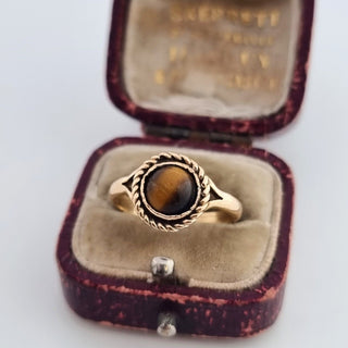 Antique 9ct Yellow Gold Handmade Tigers Eye Cabochon Pinky Ring