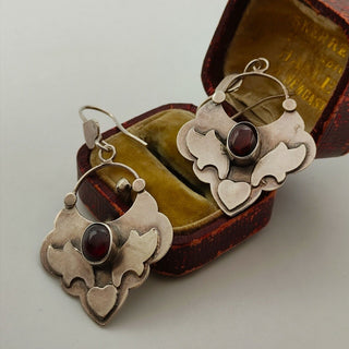 Victorian Sterling Silver Cabochon Garnet Gypsy Style Earrings