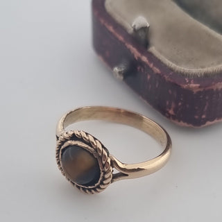 Antique 9ct Yellow Gold Handmade Tigers Eye Cabochon Pinky Ring