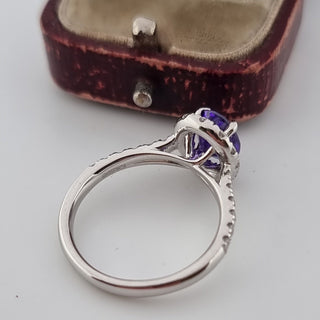 950 Platinum 1.75ct Oval Cut Amethyst 0.5ct Diamond Halo Solitaire Ring