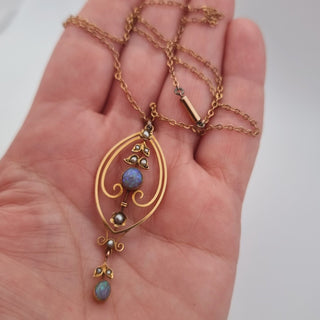 Art Nouveau 9ct Gold Black Opal & Seed Pearl Lavaliere Dropper Pendant Necklace