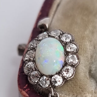 Antique 18ct White Gold Old Cut Diamond White Fiery Opal Lavalliere Pendant