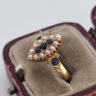 Antique 18ct Yellow Gold Sapphire Seed Pearl Marquise Navette Cluster Ring