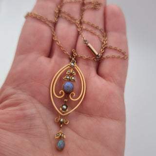 Art Nouveau 9ct Gold Black Opal & Seed Pearl Lavaliere Dropper Pendant Necklace