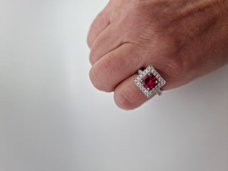 Art Deco Style 950 Platinum Diamond And Ruby Cluster Square Halo Ring