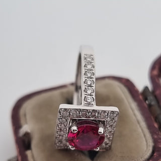 Art Deco Style 950 Platinum Diamond And Ruby Cluster Square Halo Ring