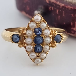 Antique 18ct Yellow Gold Sapphire Seed Pearl Marquise Navette Cluster Ring