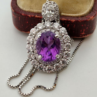 18ct White Gold 1.7ct Diamond 3.3ct Amethyst Cluster Pendant Necklace