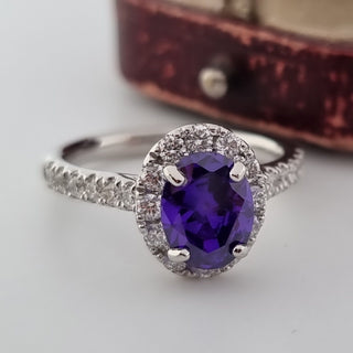 950 Platinum 1.75ct Oval Cut Amethyst 0.5ct Diamond Halo Solitaire Ring