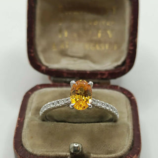 950 Platinum Oval Cut Orange Yellow 1.25ct Sapphire Diamond Solitaire Ring