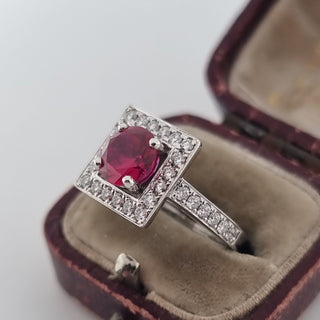 Art Deco Style 950 Platinum Diamond And Ruby Cluster Square Halo Ring