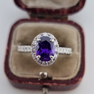 950 Platinum 1.75ct Oval Cut Amethyst 0.5ct Diamond Halo Solitaire Ring