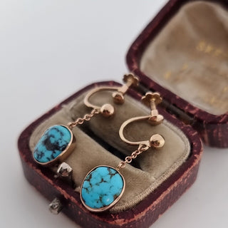 Edwardian 9ct Rose Gold Turquoise Dangle Dropper Earrings