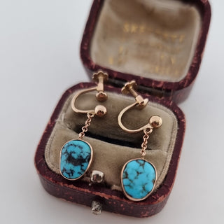 Edwardian 9ct Rose Gold Turquoise Dangle Dropper Earrings