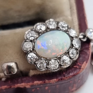 Antique 18ct White Gold Old Cut Diamond White Fiery Opal Lavalliere Pendant