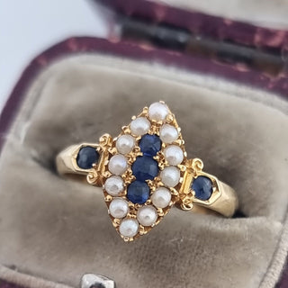 Antique 18ct Yellow Gold Sapphire Seed Pearl Marquise Navette Cluster Ring